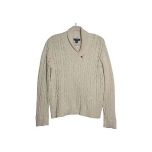 Chaps Large Ivory Shawl Collar Cable Knit Sweater Heavyweight, Preppy Cozycore